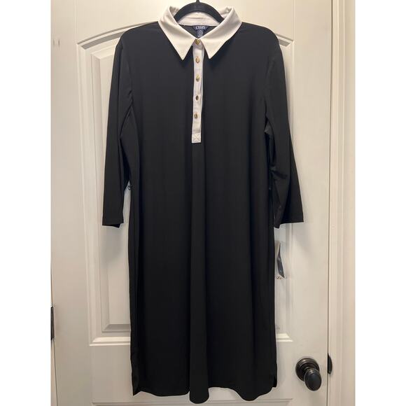 NWT Chaps Women’s Collared 3/4 Sleeve Knit Polo Shirt Midi Dress Size 16W Black - Picture 1 of 6